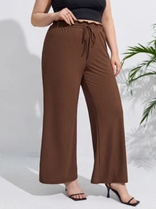 SHEIN Frenchy Plus Paperbag Waist Knot Front Wide Leg Trousers - Coffee Brown - View 6