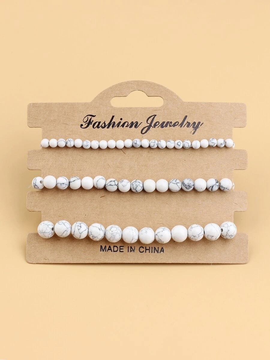3入組/套天然石珠手鍊三種不同尺寸珠子彩色可伸縮手鐲女士首飾禮品 - 白色 - 查看 1