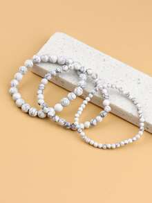 3入組/套天然石珠手鍊三種不同尺寸珠子彩色可伸縮手鐲女士首飾禮品 - 白色 - 查看 2