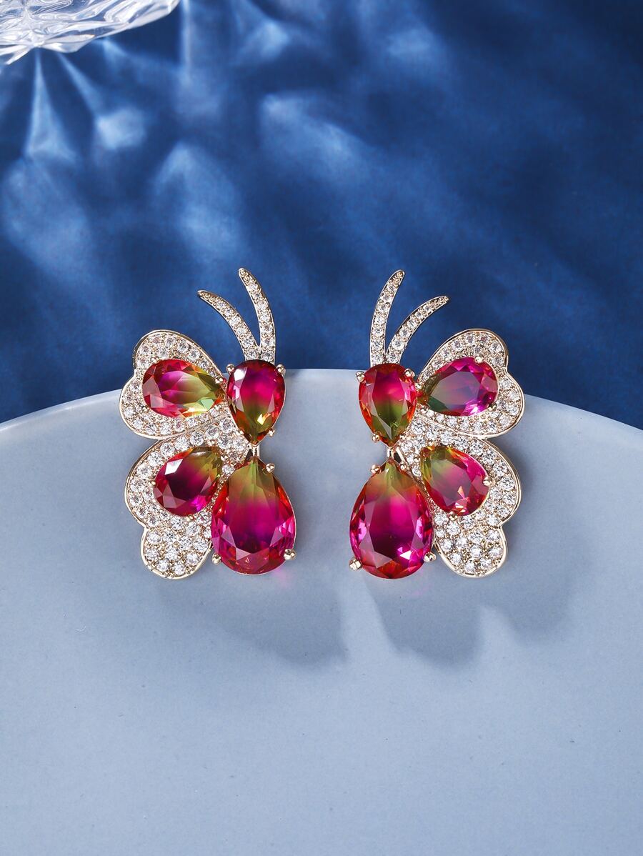 Rhinestone Butterfly Stud Earrings - Multicolor - View 1