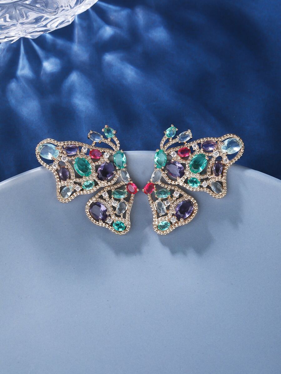 Cubic Zirconia Butterfly Design Stud Earrings - Multicolor - View 1