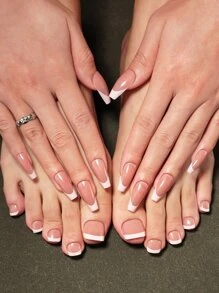 Get Glamorous With 48pcs Long Coffin White French Two Tone Fake Nail & 2sheets Tape & 2pcs Nail File Press On Nails Nail Supplies - Multicolor - View 1