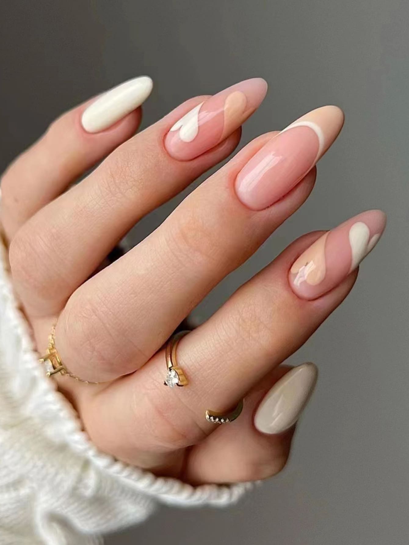 Upgrade Your Look With 24Pcs Long Almond Nude French Heart Pattern Fake Nail & 1Sheet Tape & 1Pc Nail File Press On Nails Nail Supplies Nails - Multicolor - View 1