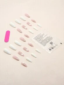 Upgrade Your Look With 24Pcs Long Almond Nude French Heart Pattern Fake Nail & 1Sheet Tape & 1Pc Nail File Press On Nails Nail Supplies Nails - Multicolor - View 2