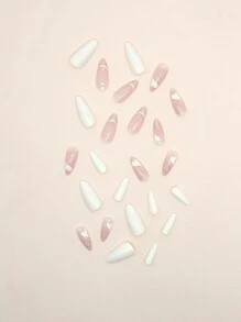 Upgrade Your Look With 24Pcs Long Almond Nude French Heart Pattern Fake Nail & 1Sheet Tape & 1Pc Nail File Press On Nails Nail Supplies Nails - Multicolor - View 5