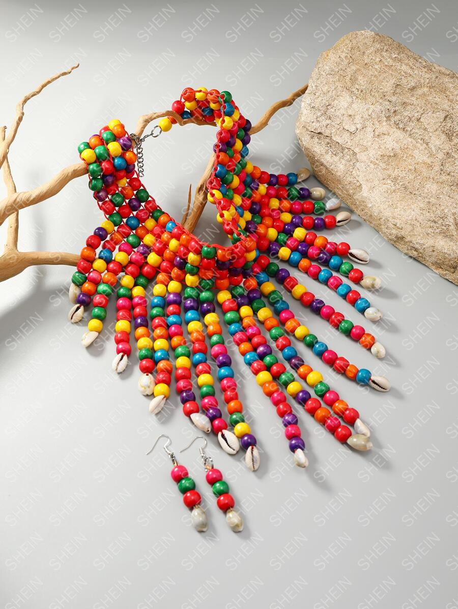 3 cái/bộ Vòng cổ & Bông tai tua rua nhiều lớp cổ điển & thời trang - Nhiều màu - Xem 1