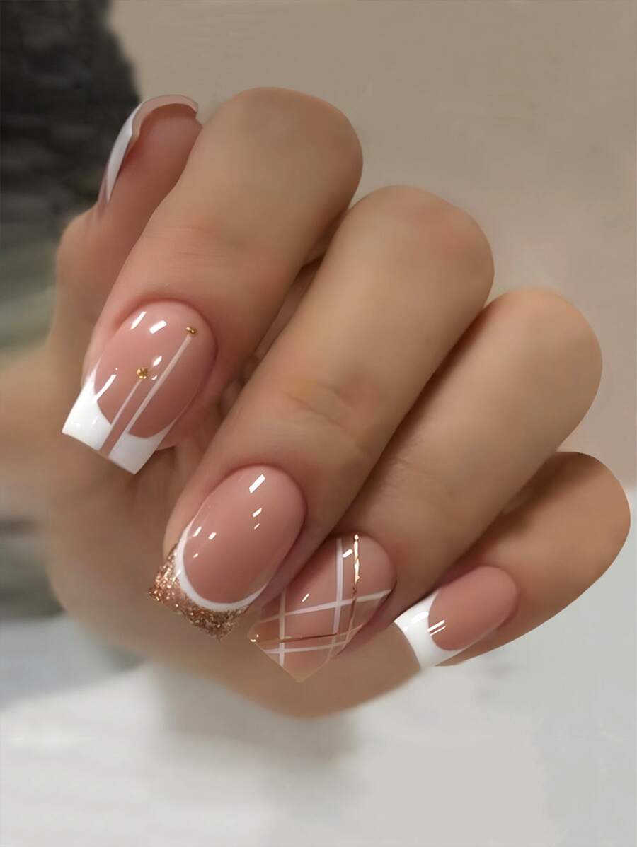 Actualice instantáneamente su apariencia con 24 uñas postizas con patrón geométrico cuadrado corto, 1 hoja de cinta y 1 lima de uñas - Multicolor - Ver 1