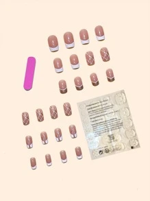 Actualice instantáneamente su apariencia con 24 uñas postizas con patrón geométrico cuadrado corto, 1 hoja de cinta y 1 lima de uñas - Multicolor - Ver 2