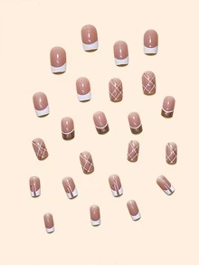 Actualice instantáneamente su apariencia con 24 uñas postizas con patrón geométrico cuadrado corto, 1 hoja de cinta y 1 lima de uñas - Multicolor - Ver 4