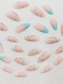 Nâng cấp ngay vẻ ngoài của bạn với 24 chiếc móng nhọn dài có màu đồng in hình trái tim mờ kiểu Pháp Móng tay giả & 1 tờ băng dính & 1 dũa móng tay cho phụ nữ và bé gái Bấm vào móng tay Đồ dùng làm móng - Nhiều màu - Xem 3