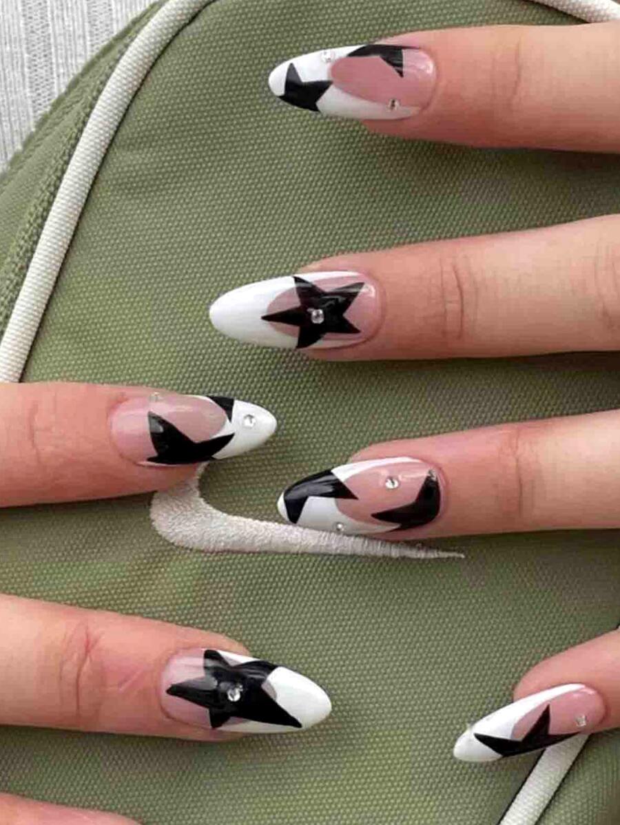 24 chiếc Long Almond Star Print Fake Nail & 1 sheet Tape & 1pc Nail Dũa - Nhiều màu - Xem 1
