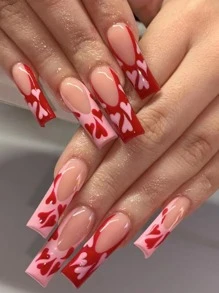 用24入組長棺材紅色法式心形印花假指甲和1張膠帶和1入組指甲銼升級您造型 - 彩色 - 查看 1