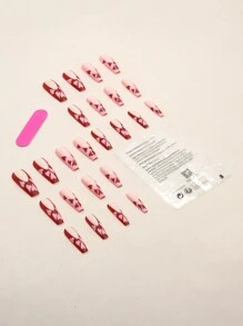 用24入組長棺材紅色法式心形印花假指甲和1張膠帶和1入組指甲銼升級您造型 - 彩色 - 查看 2