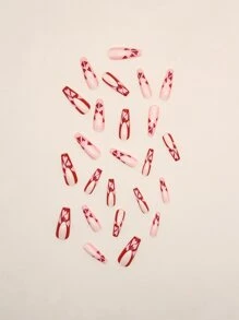 用24入組長棺材紅色法式心形印花假指甲和1張膠帶和1入組指甲銼升級您造型 - 彩色 - 查看 5