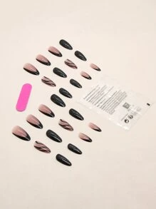 使用24入組長杏仁黑線法式閃光條紋假指甲和1張膠帶和1入組指甲銼立即升級您造型 - 彩色 - 查看 2