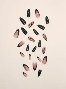 使用24入組長杏仁黑線法式閃光條紋假指甲和1張膠帶和1入組指甲銼立即升級您造型 - 彩色 - 查看 5