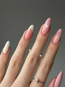 浪漫美甲套装，包含24片长杏仁形白色粉色法式爱心印花假指甲、1张胶带和1个指甲锉，专为女性和女孩设计。 - 彩色 - 查看 1