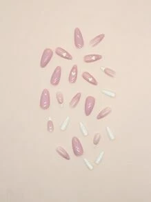 浪漫美甲套装，包含24片长杏仁形白色粉色法式爱心印花假指甲、1张胶带和1个指甲锉，专为女性和女孩设计。 - 彩色 - 查看 5