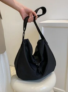 Minimalist Hobo Bag Zipper Medium For School - Black - View 5