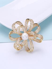 Cubic Zirconia Flower Design Brooch - Gold - View 1