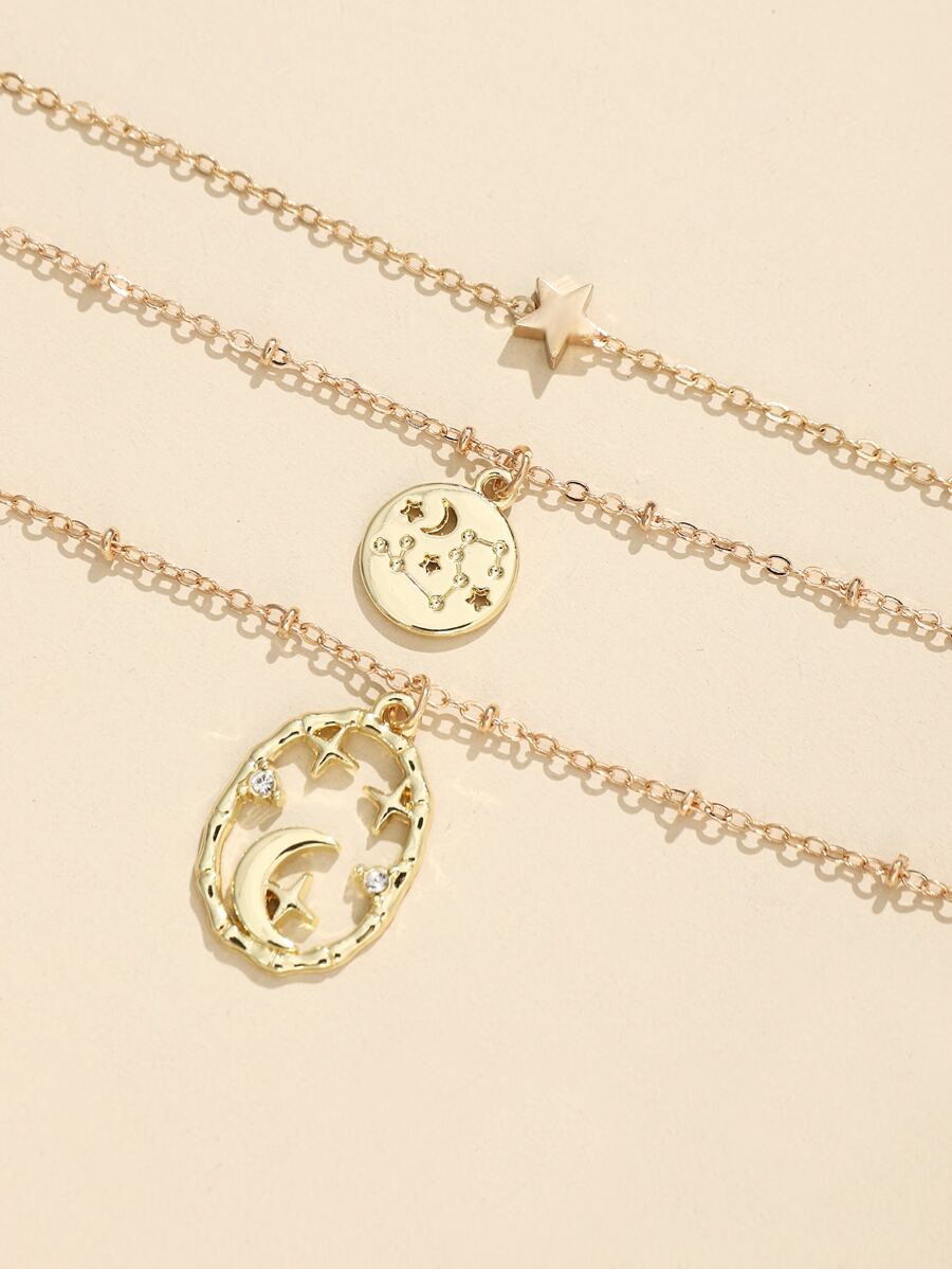 3pcs/set Star & Moon Charm Necklace - Yellow Gold - View 1