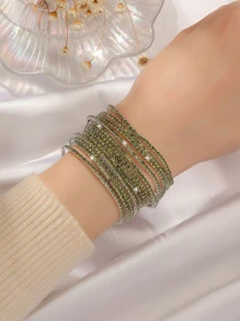 女式細長 Bling 閃亮彈性橄欖水晶手鍊 12 件 - 綠色 - 查看 1