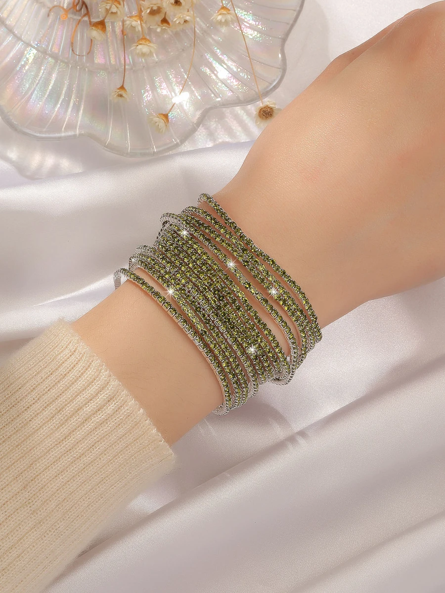 女式細長 Bling 閃亮彈性橄欖水晶手鍊 12 件 - 綠色 - 查看 1
