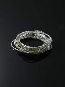 女式細長 Bling 閃亮彈性橄欖水晶手鍊 12 件 - 綠色 - 查看 5