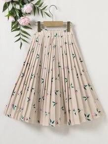 Girls Floral Print Pleated Skirt - Khaki - View 1