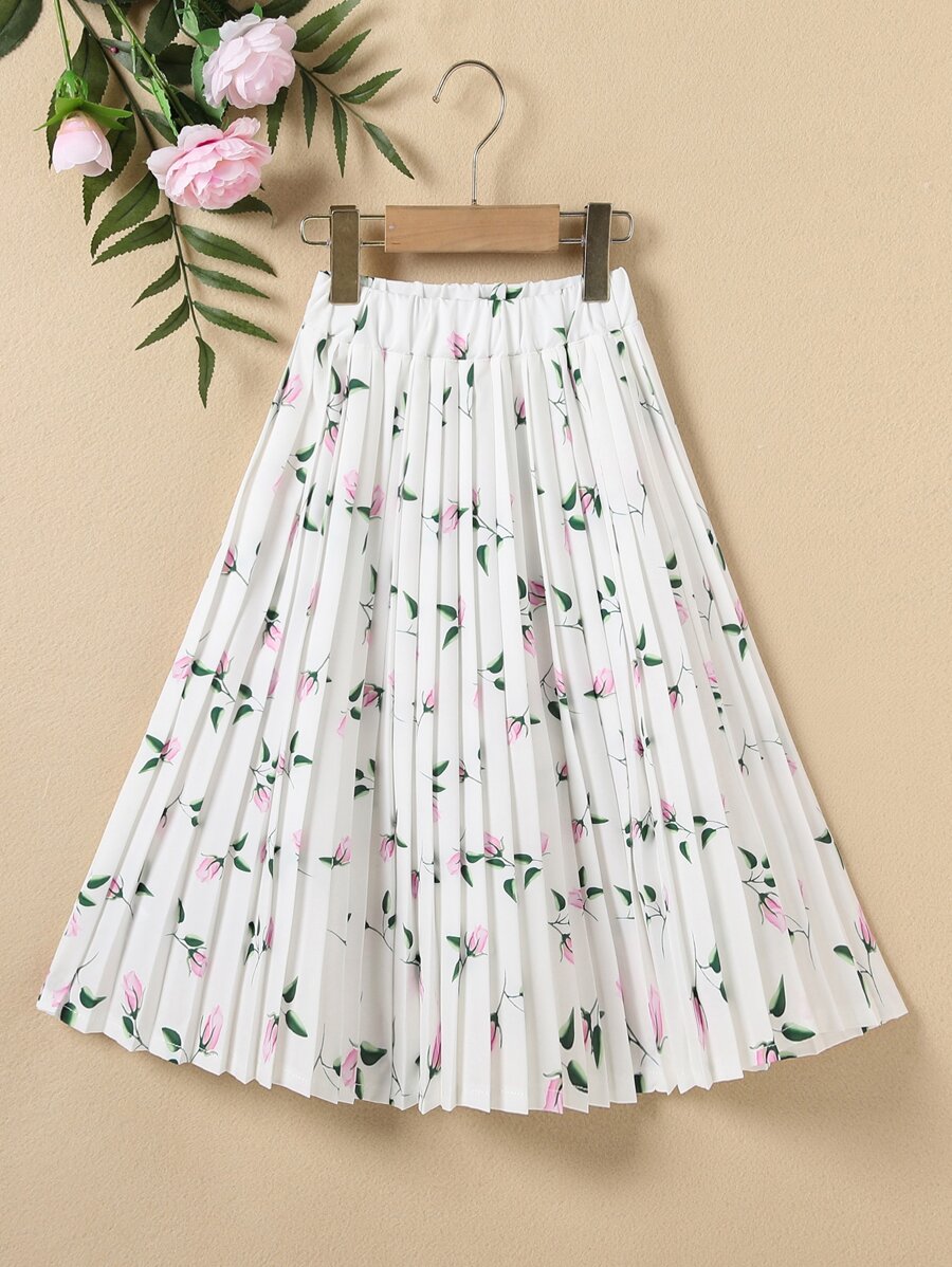 Girls Floral Print Pleated Skirt - White - View 1