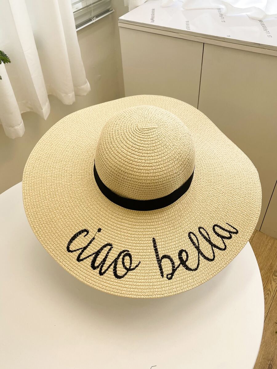 字母細節寬邊草帽 - 米色 - 查看 1