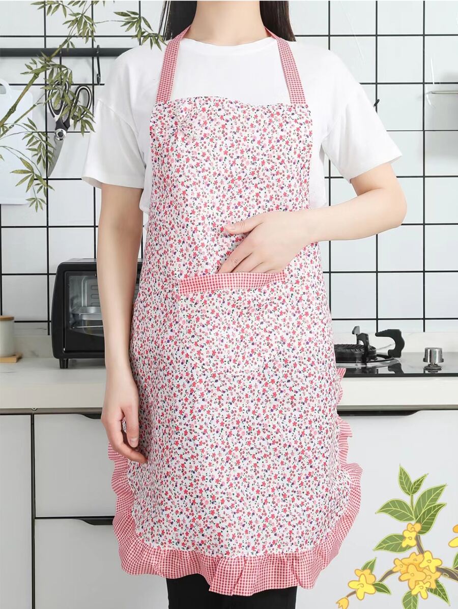 1入組花卉圖案圍裙現代滌綸防油耐用廚房圍裙 - 彩色 - 查看 1