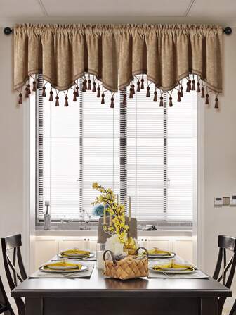 Cortina Corta De Organza Nevada De Estilo Vintage, Color Café, Con Borlas Y Adornos De Encaje, Adecuada Para Decoración De Ventanas/puertas, 1 Ud.