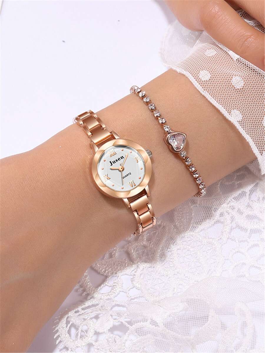 Jusen 1入組水鑽裝飾石英表和1入組手環 - 玫瑰金 - 查看 1