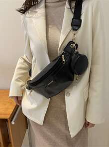 Letter Pattern Waist Bag With Coin Purse for Women - Black - View 1