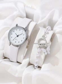 Ladies Watch 1pc Round Pointer Quartz Watch & 1pc Bracelet Holiday Simple Digital Scale White Pu Strap Women Watch White Pearl Butterfly Bracelet Gift - White - View 1