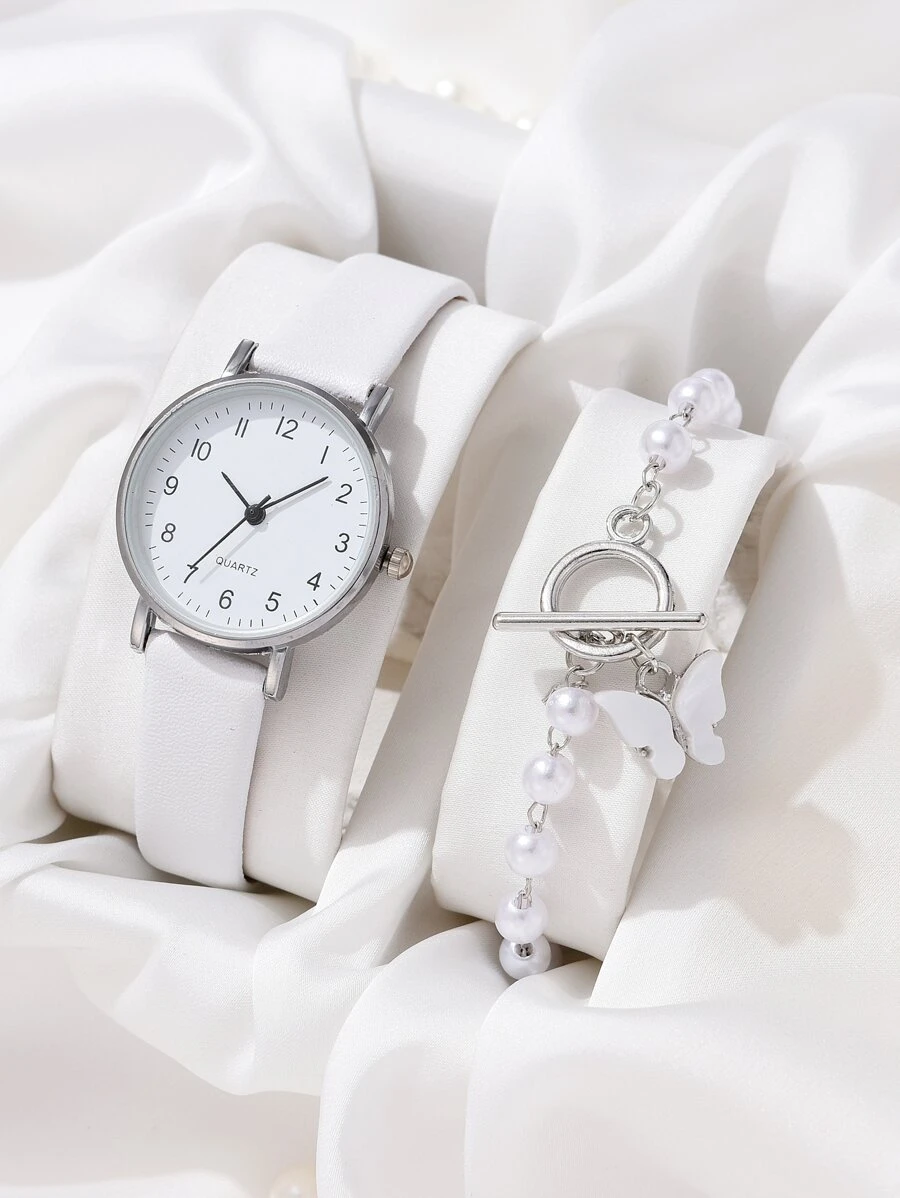 Ladies Watch 1pc Round Pointer Quartz Watch & 1pc Bracelet Holiday Simple Digital Scale White Pu Strap Women Watch White Pearl Butterfly Bracelet Gift - White - View 1