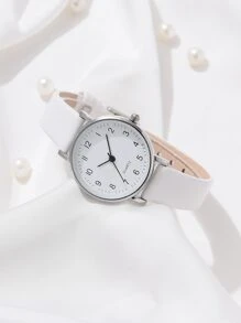 Ladies Watch 1pc Round Pointer Quartz Watch & 1pc Bracelet Holiday Simple Digital Scale White Pu Strap Women Watch White Pearl Butterfly Bracelet Gift - White - View 2