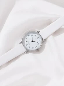 Ladies Watch 1pc Round Pointer Quartz Watch & 1pc Bracelet Holiday Simple Digital Scale White Pu Strap Women Watch White Pearl Butterfly Bracelet Gift - White - View 3