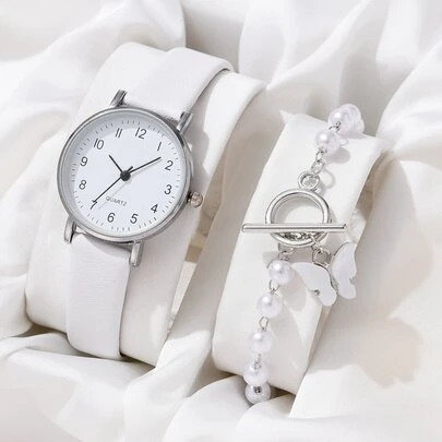 女士手錶1入圓形指針石英手錶和1入手鍊假日簡約數字刻度白色Pu錶帶女士手錶白色珍珠蝴蝶手鍊禮物