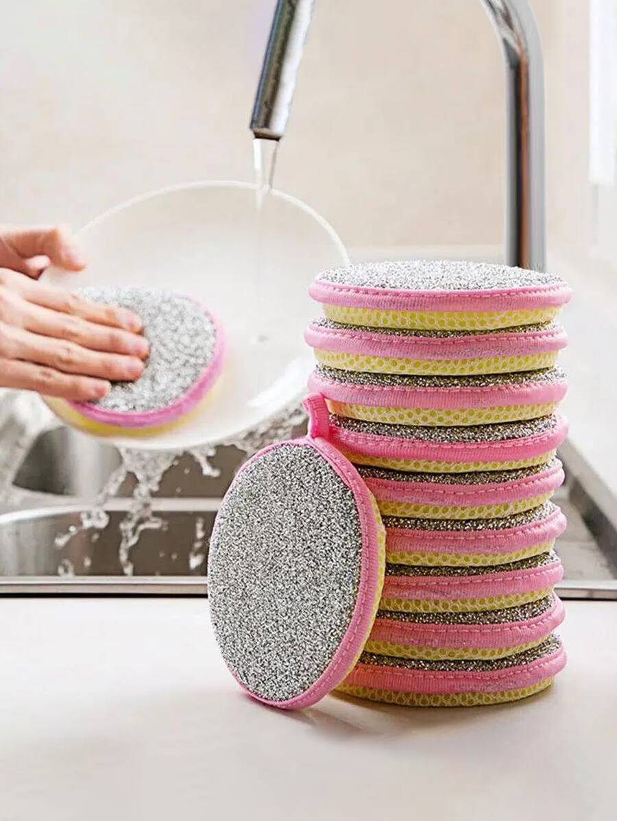 3pcs/set Plastic Casual Style Cleaning Sponge, Round Contrast Binding Scouring Pad For Kitchen - Multicolor - View 1