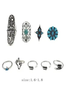 9入組/套綠松石裝飾戒指 - 復古銀色 - 查看 3