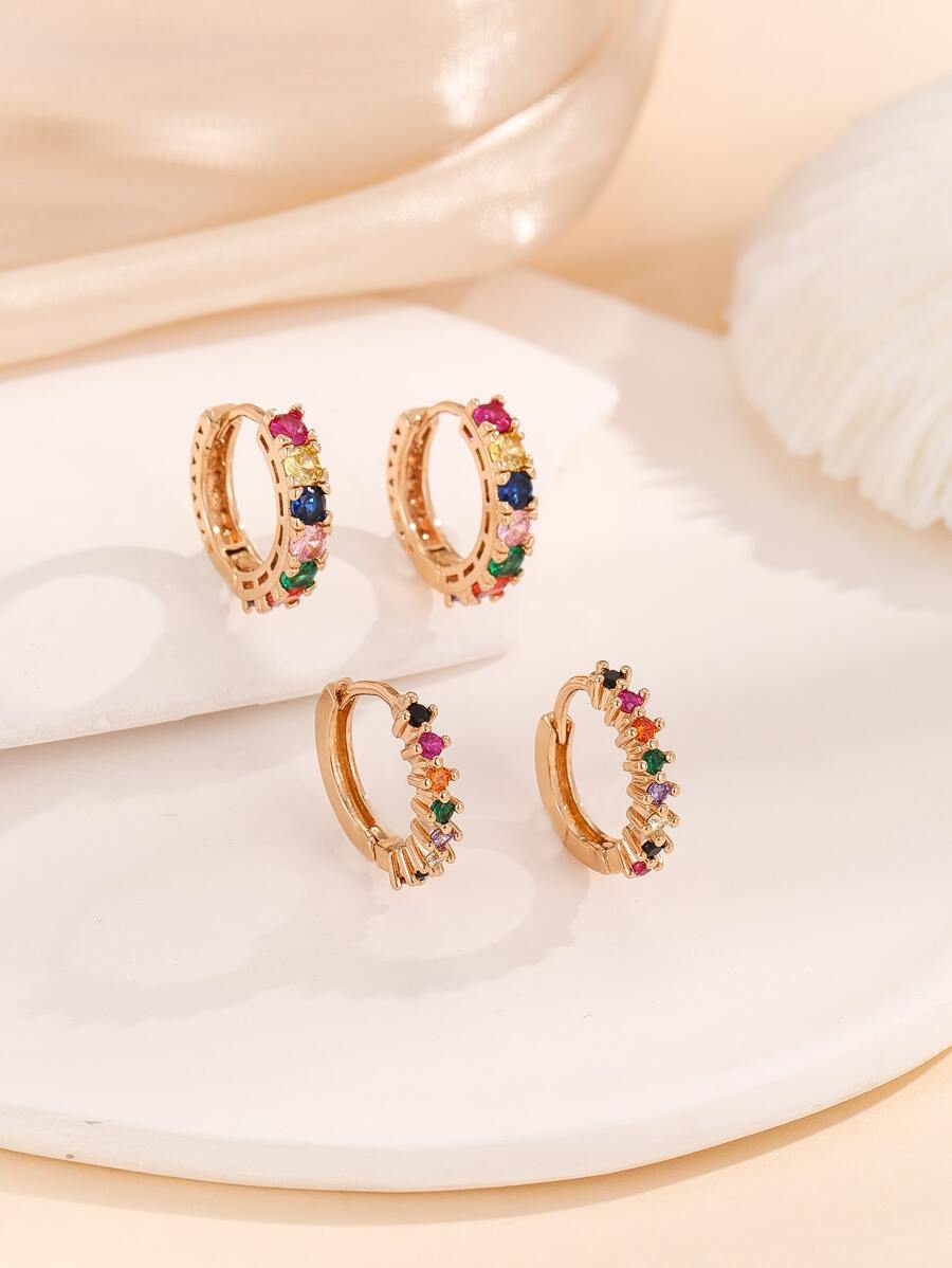 4 cái/bộ Bông tai dạng vòng trang trí bằng đá Cubic Zirconia - Vàng - Xem 1