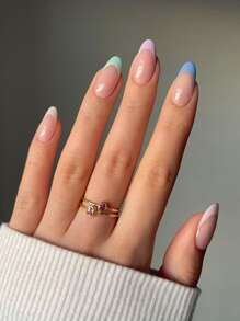 Upgrade Your Look with 24pcs Long Oval Candy Color French Two Tone Fake Nail & 1sheet Tape & 1pc Nail File - Multicolor - View 1