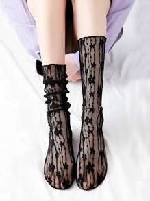 1對黑色蕾絲薄花卉中筒荷邊襪,適用於夏季 - 黑色 - 查看 2