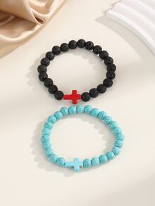 2pcs/set Couple Cross Decor Beaded Bracelet - Multicolor - View 2