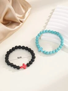 2pcs/set Couple Cross Decor Beaded Bracelet - Multicolor - View 3