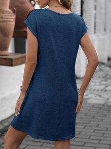 SHEIN LUNE Contrast Lace Batwing Sleeve Tee Dress - Navy Blue - View 2