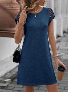 SHEIN LUNE Contrast Lace Batwing Sleeve Tee Dress - Navy Blue - View 3