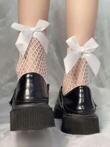 1 đôi tất nữ trang trí nơ thời trang lưới mắt cá chân, cho cuộc sống hàng ngày - trắng - Xem 3